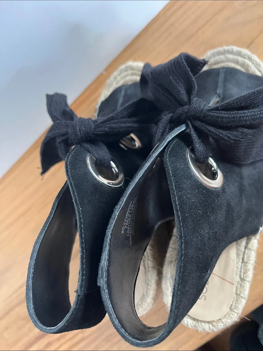 Sole Society Black Suede Espadrille Wedge Sandals with Tie Detail